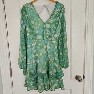 Jessica‎ Simpson Green Women's Floral LS A-Line Midi Dress Polyester Preowned